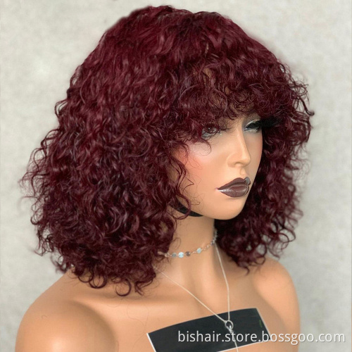 Wholesale Full Machine Made Wigs Highlight Honey #27 #30 Blonde Brown Burgundy 99J Brazilian Human Jerry Curly Wigs With Bangs